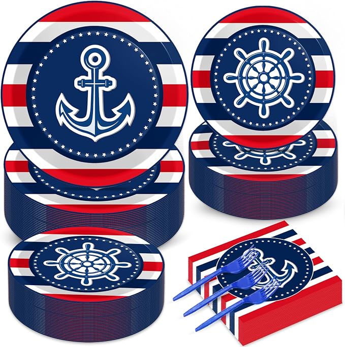gisgfim 50 Guests Nautical Anchor Party Supplies Anchor Theme Plates and Napkins Plastic Forks Sailor Boat Ship Tableware Nautical Paper Plates for Baby Shower Birthday Party Boys Girls Kids 200PCS