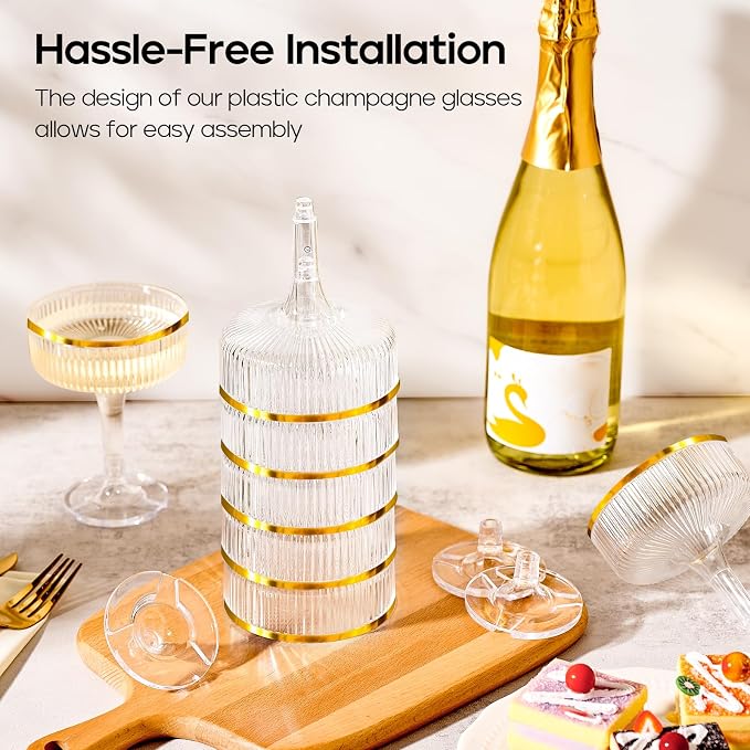 20 Pack Plastic Champagne Tower, 7oz Champagne Coupe glasses Unbreakable Plastic Cocktail Glasses Acrylic Martini Glasses for Wedding Birthday Party Bar, Gold