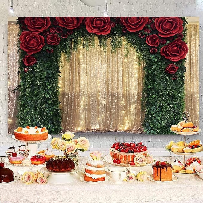 8x6ft Wedding Backdrop Red Rose Flowers Gold Sequin Wall Greenery Leaves Photography Background Bridal Wedding Party Banner Decorations Supplies Photo Booth Props