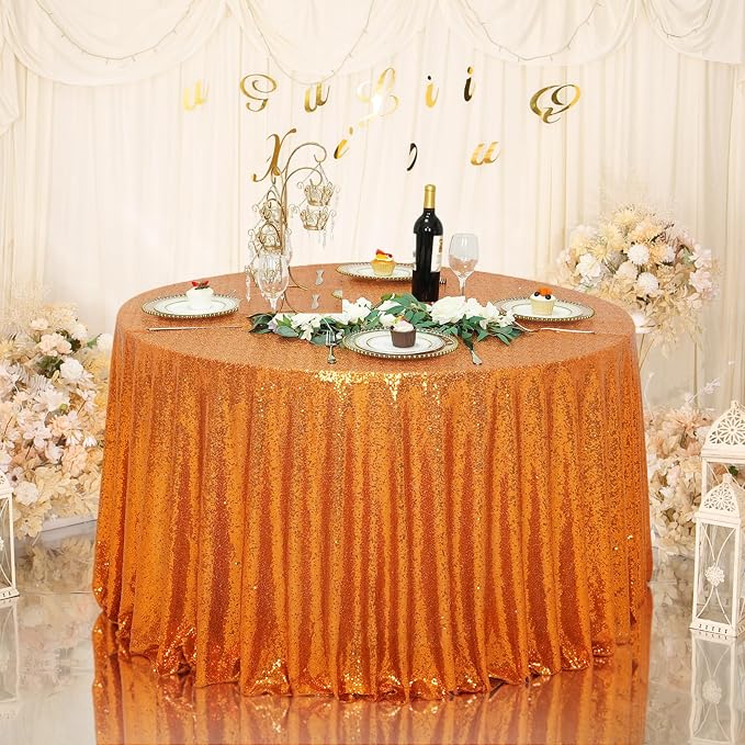 Eternal Beauty Orange Tablecloth, 120 Inch Round Sequin Tablecloth for Party Cake Dessert Table Exhibition Events