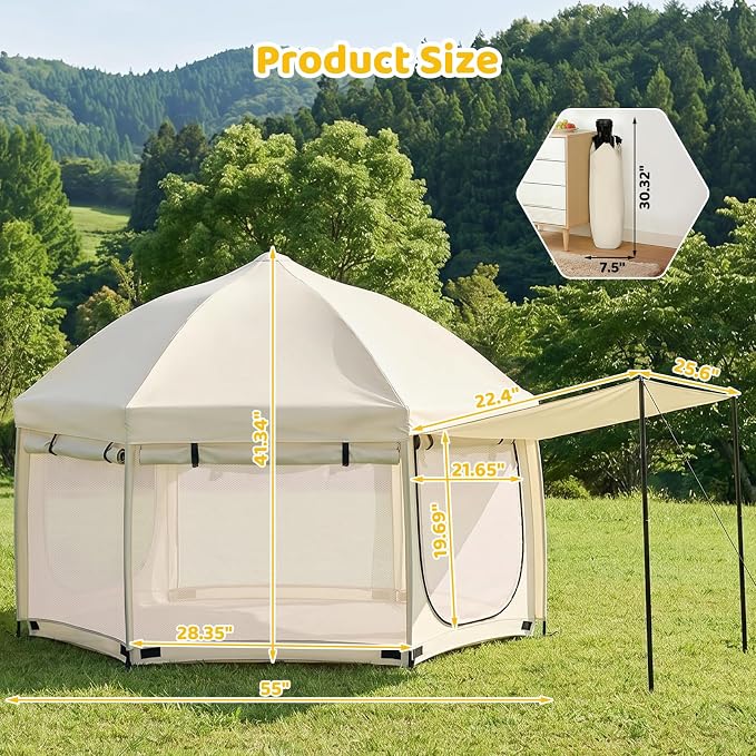 Dripex Upgraded Pop Up Playpen w/t 2-Side Canopy Extension & Built-in Pad,Quick Foldable Indoor/Outdoor Baby Playpen w/t One-Click Safe Lock,2-Side Roll-Up Door,Travel Pop and Go Beach Play Pen Beige