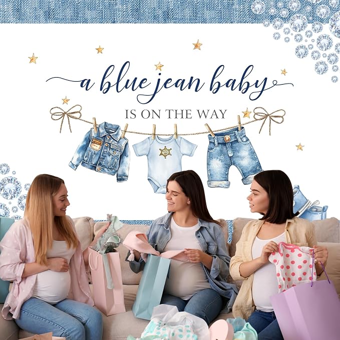Baby Shower Backdrop A Blue Jean Baby is On The Way Denim Diamond Clothes Photography Background for Newborn Shower Party Decoration Cake Table Banner Supplies Photo Booth Studio Props 7x5ft