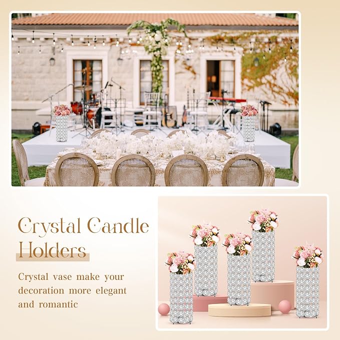 Dandat 8 Pcs Crystal Flower Vase for Wedding Table Centerpieces 7.87 in Crystal Pillar Metal Cylinder Flower Vase Stand for Christmas Wedding Decor Gifts Arrangement Event(Silver)