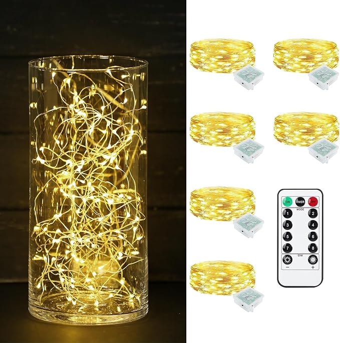 6 Pack Fairy Lights Battery Operated with Remote Timer 8 Lighting Modes,7ft 20 LED Waterproof Mini String Lights for Halloween Christmas Table Centerpieces Bedroom Decorations,Yellow
