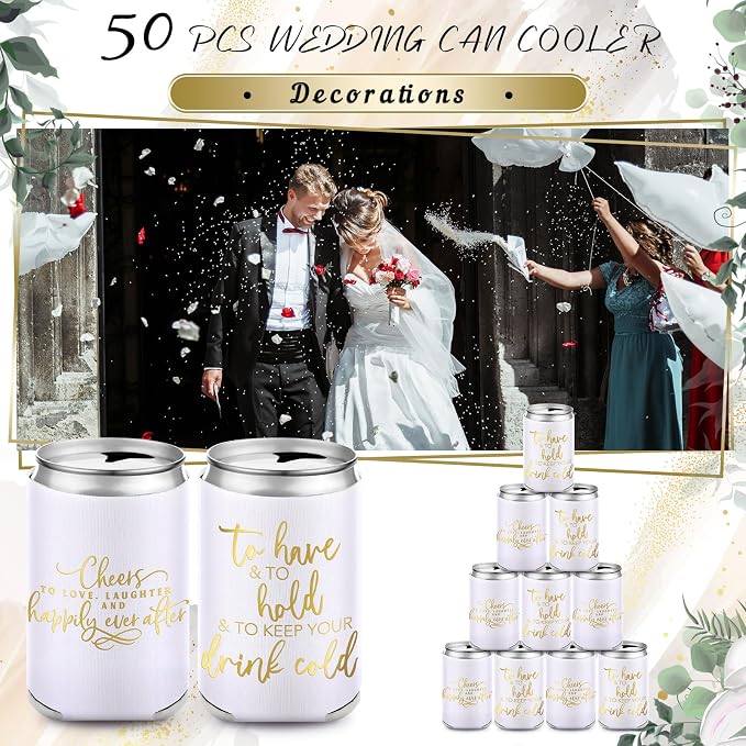 Qinyoung 50 Pieces White Wedding Can Cooler Sleeves Bulk Engagement Party Favors for Guests Beer Cooler Cheers to Love Laughter Happily Ever After Rehearsal Dinner Decorations for Wedding Bridal