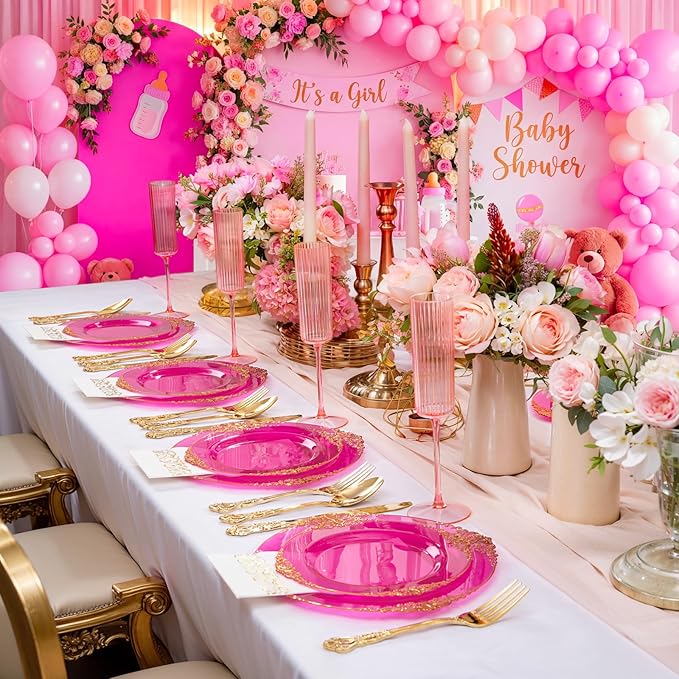 102PCS Clear Hot Pink Plastic Plates - Pink Disposable Plate with Gold Rim - Hot Pink Party Plates Include 51PCS 7.5inch Dessert & 10.25inch Dinner Plate for Wedding Birthday Party Mother’s Day