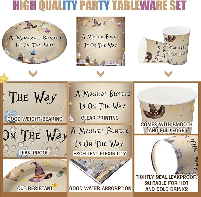 Hushee 200 Pcs a Magical Bundle Is on The Way Baby Shower Paper Plates Napkins Cups Girl Boy Baby Shower Tableware Set Magical Wizard Theme Disposable Cup Napkin for 50 Guest Party Decoration