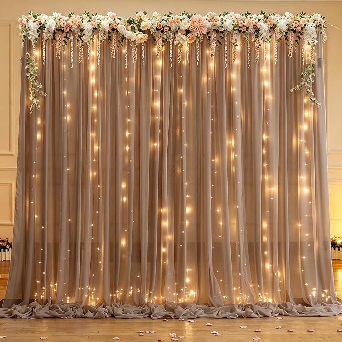 10ft x 10ft Taupe Chiffon Backdrop Curtain with Lights String for Parties,2 Panels Sheer Tulle Curtain Wedding Backdrop for Baby Shower Birthday Party Ceremony Reception Home Decorations