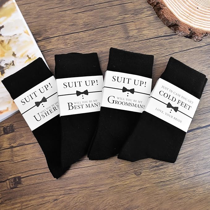 ELEGANTPARK Groomsmen Socks Set Groomsmen Proposal Gifts Wedding Bachelor Party Favor Black Cotton Novelty Socks for Men