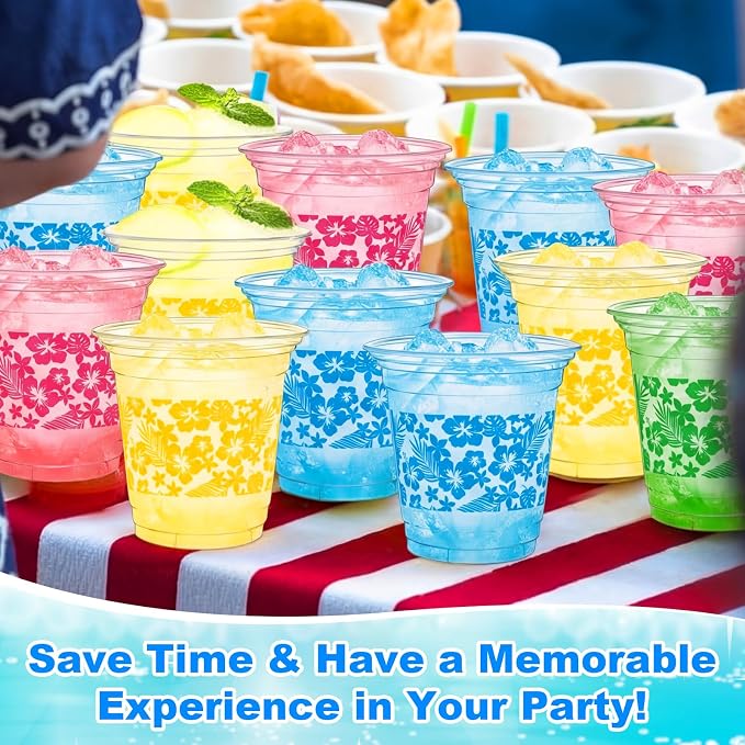 Geyoga 100 Pcs Hawaii Luau Party Cups 12 oz Disposable Plastic Tropical Flower Cups Bulk Hibiscus Clear Beverage Drinkware for Aloha Summer Beach Pool Birthday Holiday Supplies