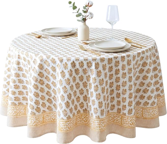 ATOSII Ivy Yellow 100% Cotton Round Boho Fall Tablecloth, Handblock Floral Table Cloth Linen for Kitchen Dining I Parties Weddings Outdoors Picnics Easter Mothers Day I 60" Inches Round I 4 Seater