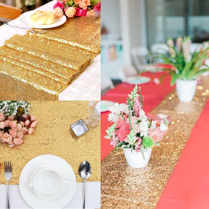 12 Packs Sequin Table Runner Champagne Gold 12 X 108 Inch Glitter Dining Table Runner for Birthday Wedding Engagement Bridal Baby Shower Bachelorette Holiday Celebration Party Supplies Decorations