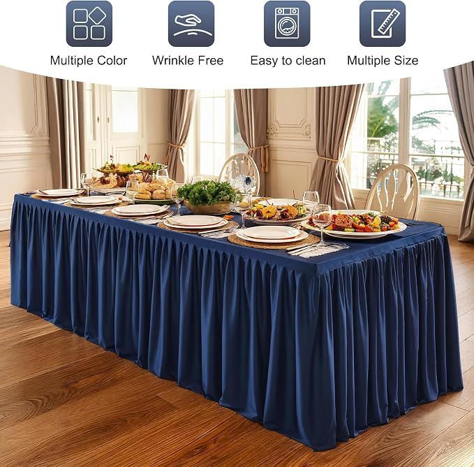 2 Packs Navy Blue Polyester Table Clothes for 8 Foot Rectangle Tables, Wrinkle Free Fitted Table Cover 8ft Stretch Tablecloths with Skirt for Parties Weddings Birthday Banquet Baby Shower