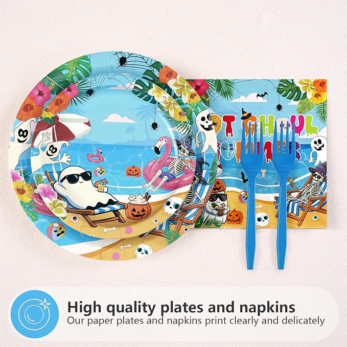 96Pcs Summer Halloween Party Decorations Halloween in Summer Plates and Napkins Tableware Set Spooky Tropical Beach Pool Decorations for Hallows' Eve Hawaii Birthday Supplies Serves 24