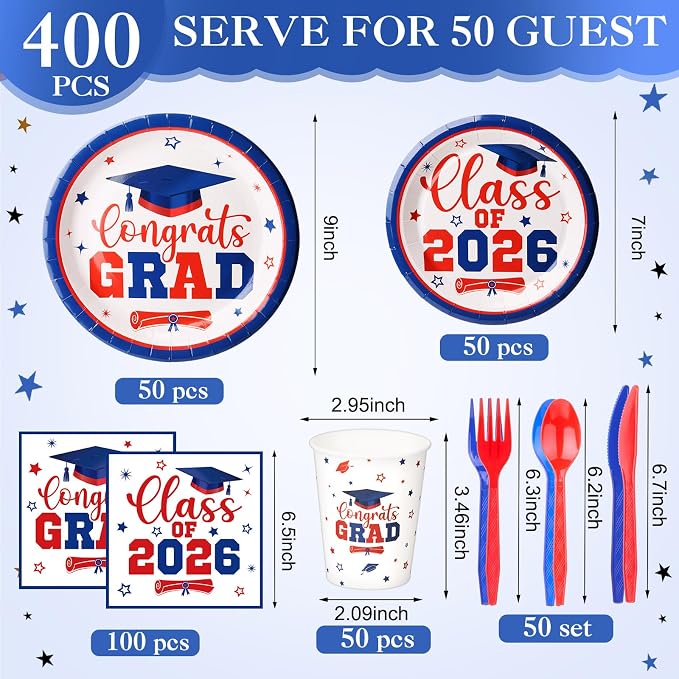 Funnymoom 400 Pcs Graduation Party Supplies Class of 2026 Graduation Paper Plate Napkin Cup Cutlery Congrats Grad Disposable Tableware Set for Grad Party Decorations, Serve 50 (Blue, Red)