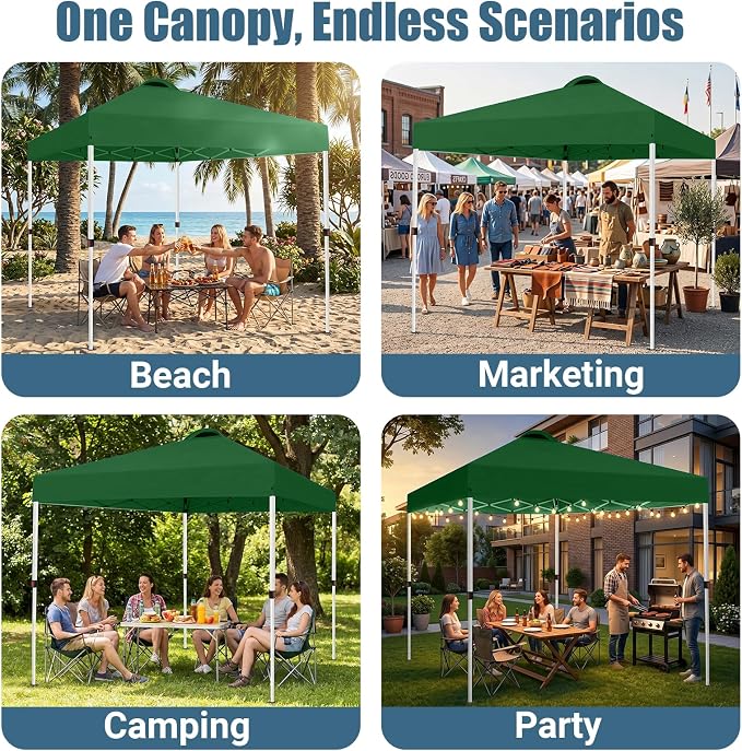 10x10 Pop Up Canopy Tent, Instant Folding Outdoor Shelter with High Strength Steel Frame and Handheld Carry Bag, Ground Stakes and Wind Ropes for Backyard Party, Camping, Beach Events, Green