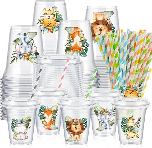 FoldTier 60 Set Jungle Safari Plastic Cups Bulk 14 oz Disposable Clear Cups with Lids and Paper Straws for Jungle Safari Baby Shower Birthday Supplies Wild Party Favors Decorations