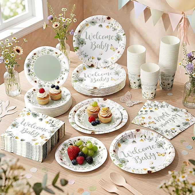 Pickmesh 250 Pcs Sage Green Floral Baby Shower Party Supplies Decorations Serve 50 Wildflower Welcome Baby Disposable Paper Plates Napkins and Cups for Birthday Babies Boy Shower Gender Reveal Party