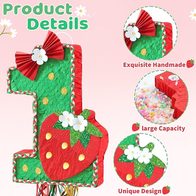 WERNNSAI Berry First Piñata - Sweet One Birthday Party Decorations Strawberry Party Game Number 1 Piñata for Baby Shower Theme Party Favor With Blindfold