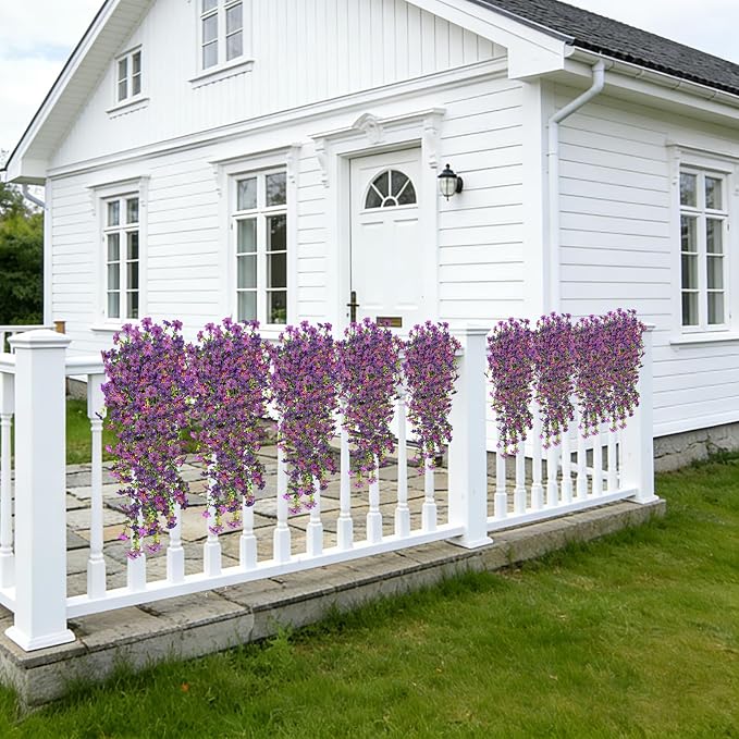 4 Pcs Artificial Hanging Flowers for Outdoor Indoor, UV Resistant Silk Daisy Fake Flowers, Realistic Faux Trailing Vines for Spring Garden Planter Porch Patio Window Box Decor(Double Purple)
