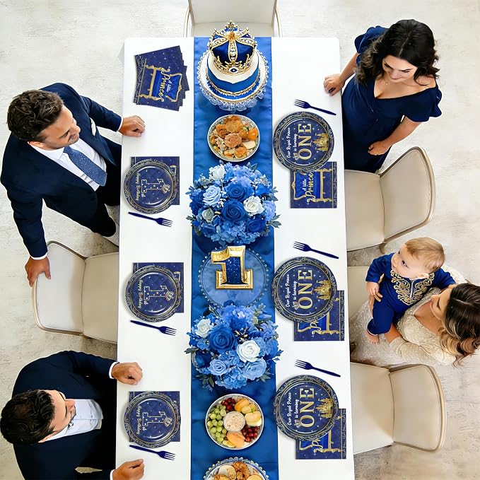 96Pcs Royal Prince 1st Birthday Party Decorations Blue Gold Baby Boy Plates and Napkins Blue Gold Little Prince Tableware Set for Boys 1st Birthday Baby Shower Party Supplies Serves 24