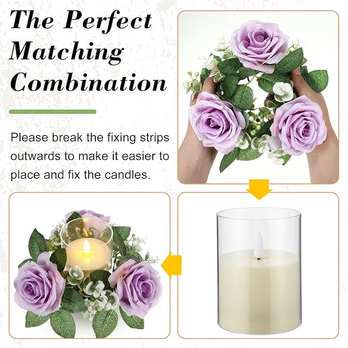 Yunlly 12 Pcs Rose Candle Rings with Flameless Candles Sets, Artificial Flower Eucalyptus Wedding Centerpiece 3 Inch Pillar Candleholders Wreaths for Wedding Party Mother's Day (Purple)
