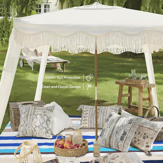 AMMSUN Beach Cabana with Blanket, 7' x 7' Boho Canopy with Tassels, Premium Wood Pole, Fringe Cabana Tent with Sand Pockets, Instant Sun Shade for Sand, Garden, Outdoor, Elegant White