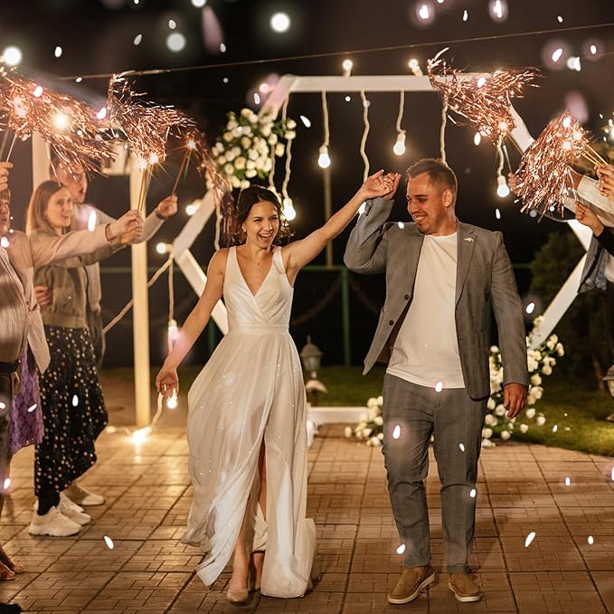 Simgoing 100 Pcs Lighted Wedding Wands LED Tinsel Wands Light up Streamers Sparklers for Wedding Send Off and Exits Birthday Party Props Favors(Rose Gold)