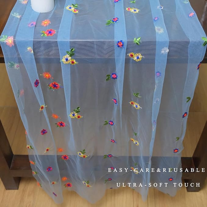 Set of 3 Flower Table Runner 10ft, 29 * 120 Inch Blue Table Cloth Sheer Tulle Table Cover,Embroidery Daisy Table Runner for Wedding Party Baby Shower Birthday Home Decor