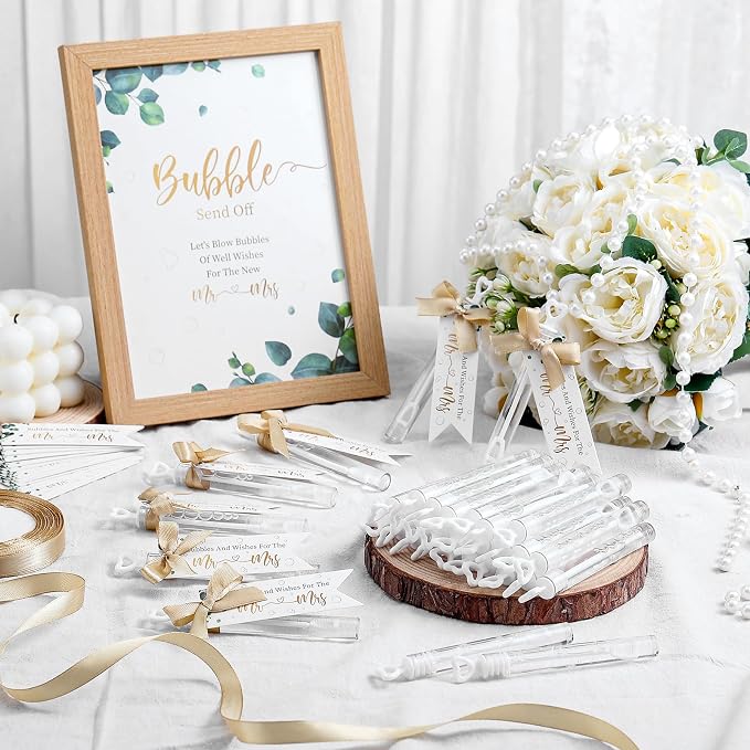 405 Pcs Wedding Send Off Bubble Ideas Set Include Heart Bubble Wands Gift Tags Cards Wood Photo Frame Ribbons Wedding Send Off Party Favors for Guests(Champagne Gold)