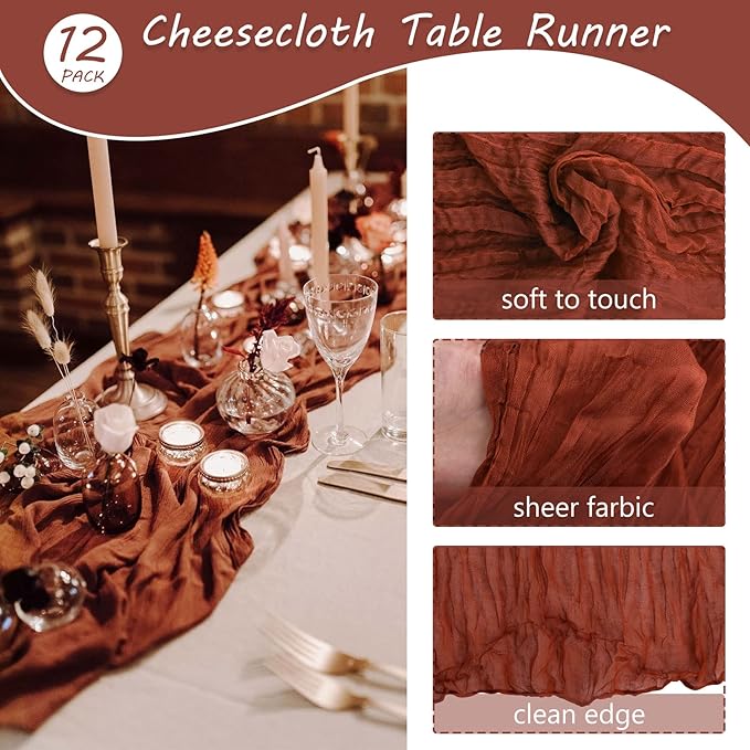 12 Pack 10Ft Cheesecloth Boho Gauze Table Runner - 35x120 Inch Rustic Cheese Cloth Long Romantic Table Runner for Wedding Bridal Shower Birthday Party Decor (Terracotta)