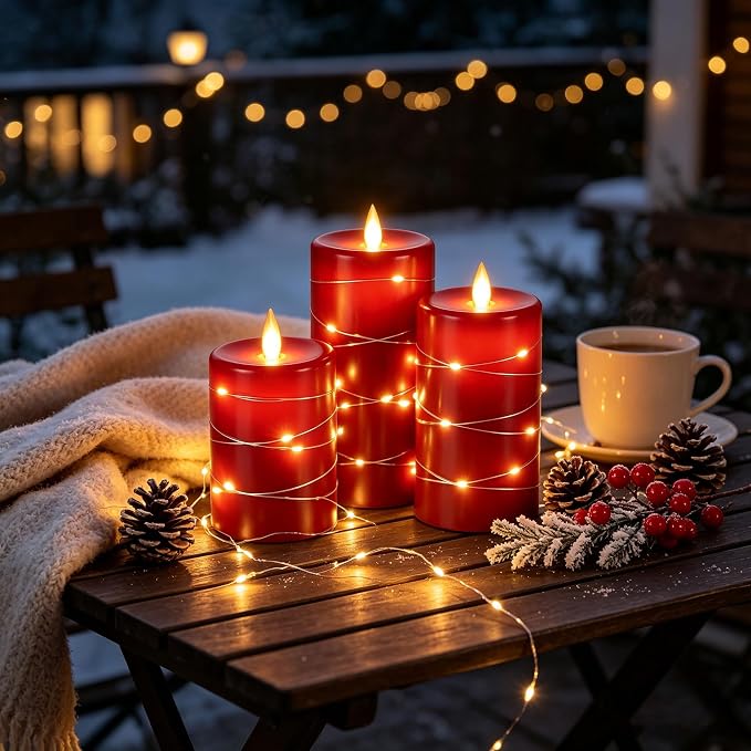 3 Pack Red Real Wax Flameless Taper Candles, Realistic Flickering LED Candles with Surrounding Fairy String Lights, Soft Warm Battery Candle Lights with Remote for Holiday Wedding Indoor Outdoor Decor