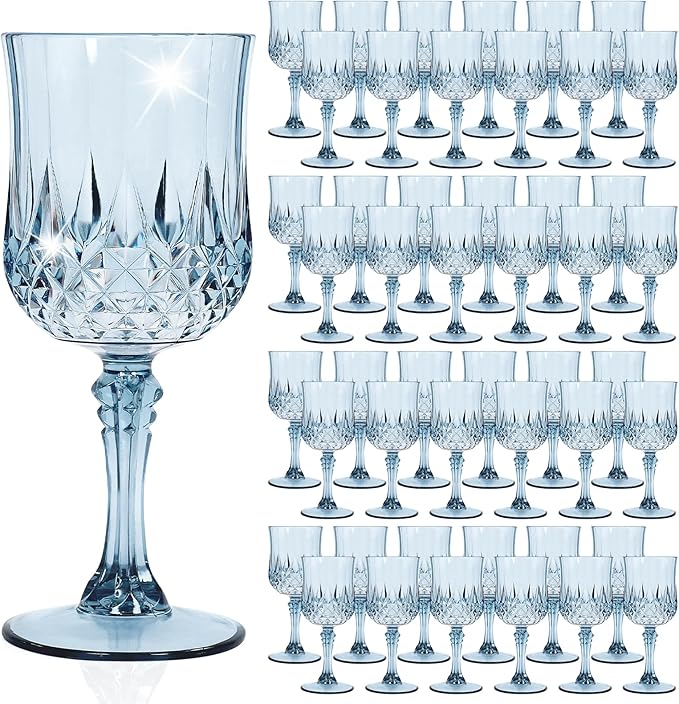 48 Pack Dusty Blue Plastic Wine Glasses, Vintage Plastic Goblets for Parties, Drinking Glasses Unbreakable Glassware Crystal Water Goblets Reusable Drinkware for Wedding Reception Grand Event Party