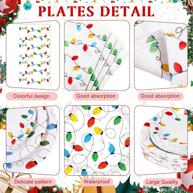 Funnymoom 400 Pcs Christmas Party Supplies, Christmas Lights Paper Plates and Napkins Cups Set with Spoons Forks Knives, Xmas Light Tableware Set for Holiday Xmas Party Decorations