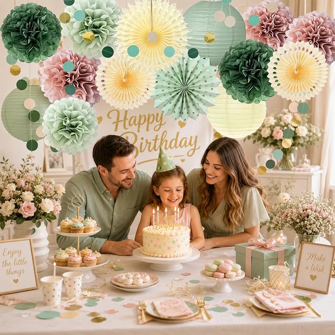 Sage Green Pink Party Decorations,Paper Fans Lanterns Pom Poms with Circle Garland，Sage Green and Dusty Pink Party Theme Supplies for Girl Birthday Baby Shower Bridal Shower Wedding