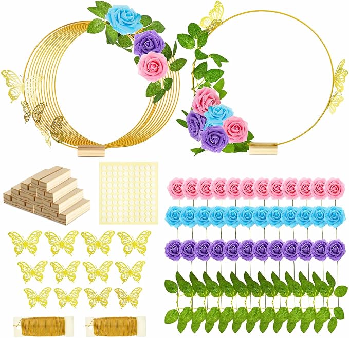Vercraft 12 Set Butterfly Metal Floral Hoop Table Centerpieces, Metal Ring with 3D Butterfly Decor, PE Foam Flower, Adhesive Dot, Gold Wires for DIY Wedding Party(Blue, Purple, Pink,Round)