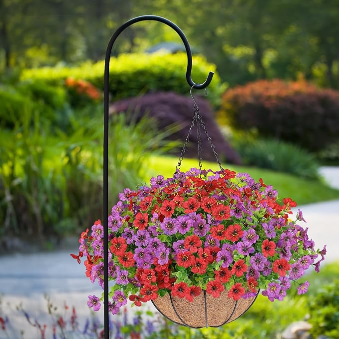 AGIRL Artificial Hanging Flowers with Baskets for Outdoors,UV Resistant Fake Hanging Plants for Outdoor Porch Patio Garden, Realistic Silk Flowers for Spring Summer Home Decor(Red Purple)