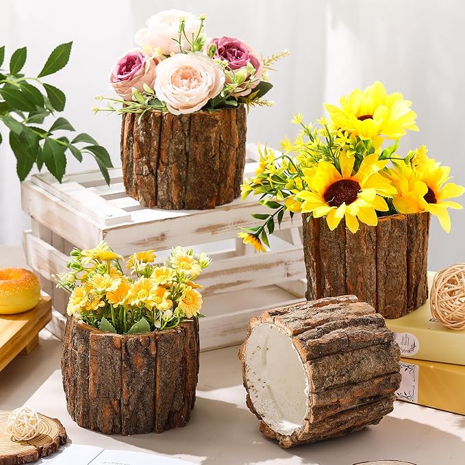3 Pcs Wooden Vase for Centerpieces Wedding Flower Table Centerpieces Woodland Party Decor Rustic Farmhouse Bark Stump Buckets Vintage Planter Pots for Garden Baby Shower Window Home (Large)