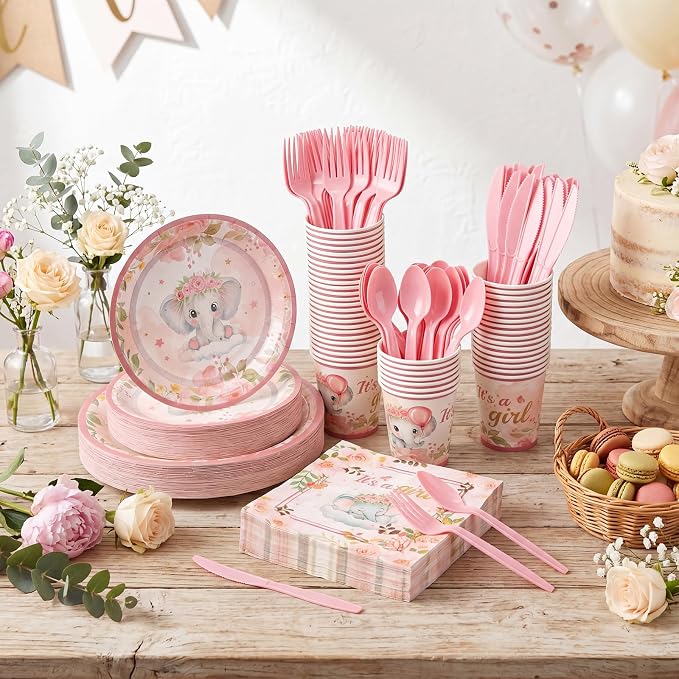 Ziliny 350 Pcs Elephant Themed Baby Shower Party Supplies Rainbow Paper Plates Napkins Cups and Plastic Cutlery Party Tableware Set for Baby Shower Birthday Decorations, Serves 50