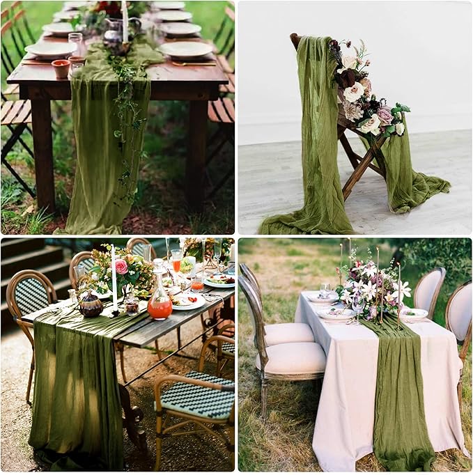 15 Pack Cheesecloth Table Runner Grass Green 10Ft Gauze Cheese Cloth Table Runner 35x120 Inch Boho Table Runners for Wedding Birthday Party Engagement Bridal Baby Shower Anniversary Christmas Decor