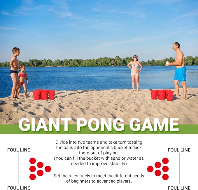 ropoda Giant Yard Pong,Yard Games with Durable Buckets and Balls - Choose Red Large, XL, or Green - Glow in the Dark, Outdoor Game with Carry Bag for the Beach,Lawn, Great Gift Choice for Families