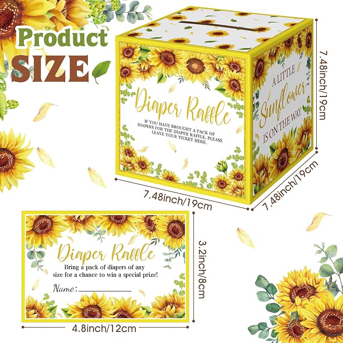 Teling 51 Pieces Diaper Raffle Tickets with Card Box Baby Shower Decorations Baby Shower Holder Box for Girl Boy Diaper Raffle Party(Sunflower)