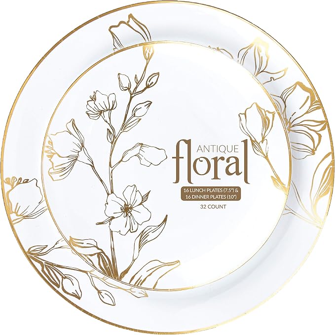 PLASTICPRO 32 Piece Combo Plates Set includes 16-7'' inch Plates & 16-10'' inch Plate White Plastic Floral Design Party Plate With Gold Rim, Premium heavyweight Elegant, Tableware,