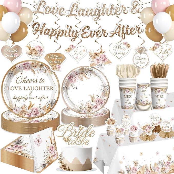Bridal Shower Decorations, Boho Bride to Be Love Laughter & Happily Ever After Banner Bridal Shower Plates and Napkins With 2 Pcs Tablecloth Cheers to Love Wedding Shower Bachelorette Party Supplies