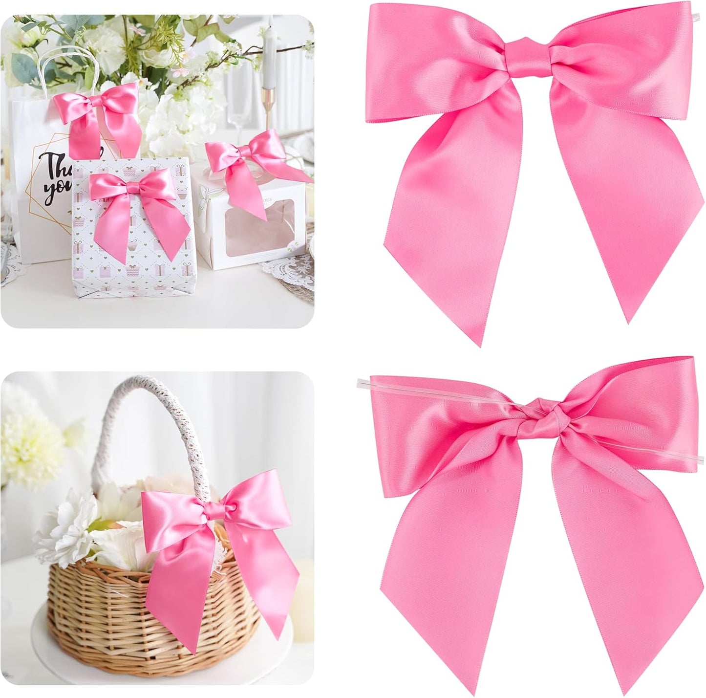 AIMUDI Hot Pink Satin Bows 5.5" Bows for Gift Wrapping Satin Twist Tie Bows Premade Ribbon Bows for Treat Bags Invitations Baskets Crafts Wedding Birthday Baby Shower Spring Decorations, 24 PCs