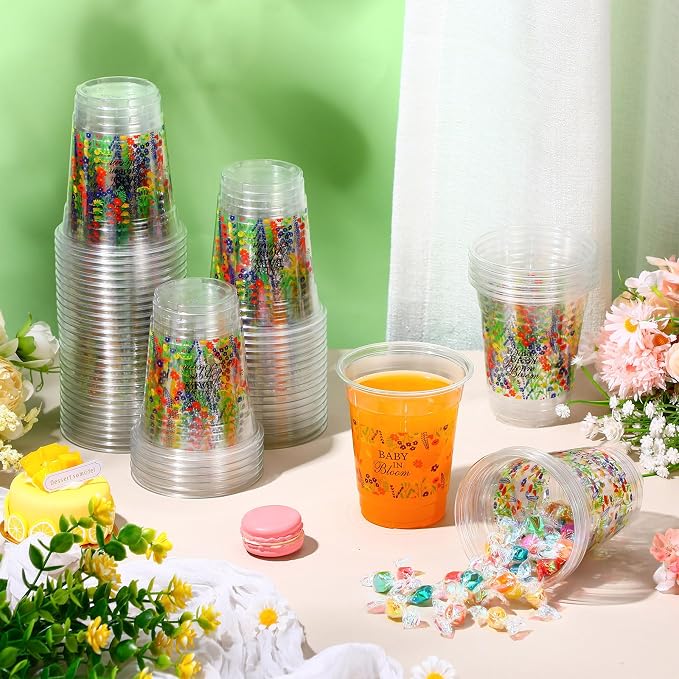Funnymoom 60 Pack Baby In Bloom Baby Shower Decorations Cups 12 oz Wildflowers Floral Disposable Clear Plastic Drinking Cups Bulk for Summer Spring Birthday Party Decorations Supplies