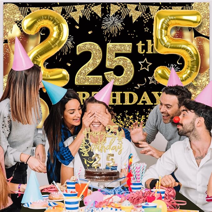 25th Birthday Decorations Men Women with 25th Birthday Banner, Black and Gold Table Cloth, Number Balloons, Large Sash, Cake Topper and Candles
