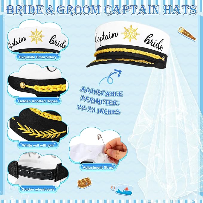 JaGely 4 Pcs Groom Bride Captain Hat with Veil Bachelor Sash Bachelorette Accessories for Wedding Bridal Shower Honeymoon
