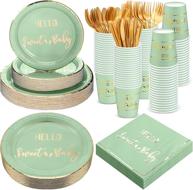 400 Pcs Baby Gender Reveal Plates and Cups and Napkins Sets with Forks Spoon Party Supplies Baby Shower Paper Tableware Gender Reveal Decorations Disposable Cutlery, Serves 50(Green,Hello Sweet)