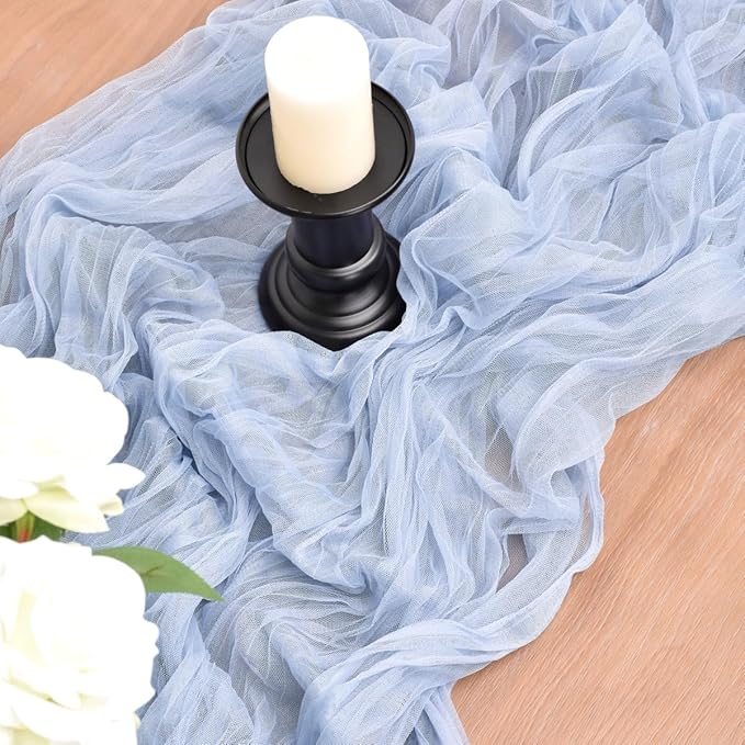 Joanlody Blue Cheesecloth Table Runner Spring Summer 10Ft Rustic Gauze Boho Cheese Cloth Table Runner for Wedding Bridal Baby Shower Decoration 10 Pack